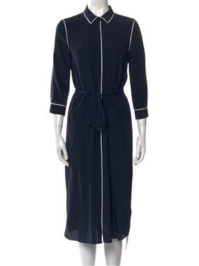 Silk Navy Blue Long Shirt Dress with White Piping